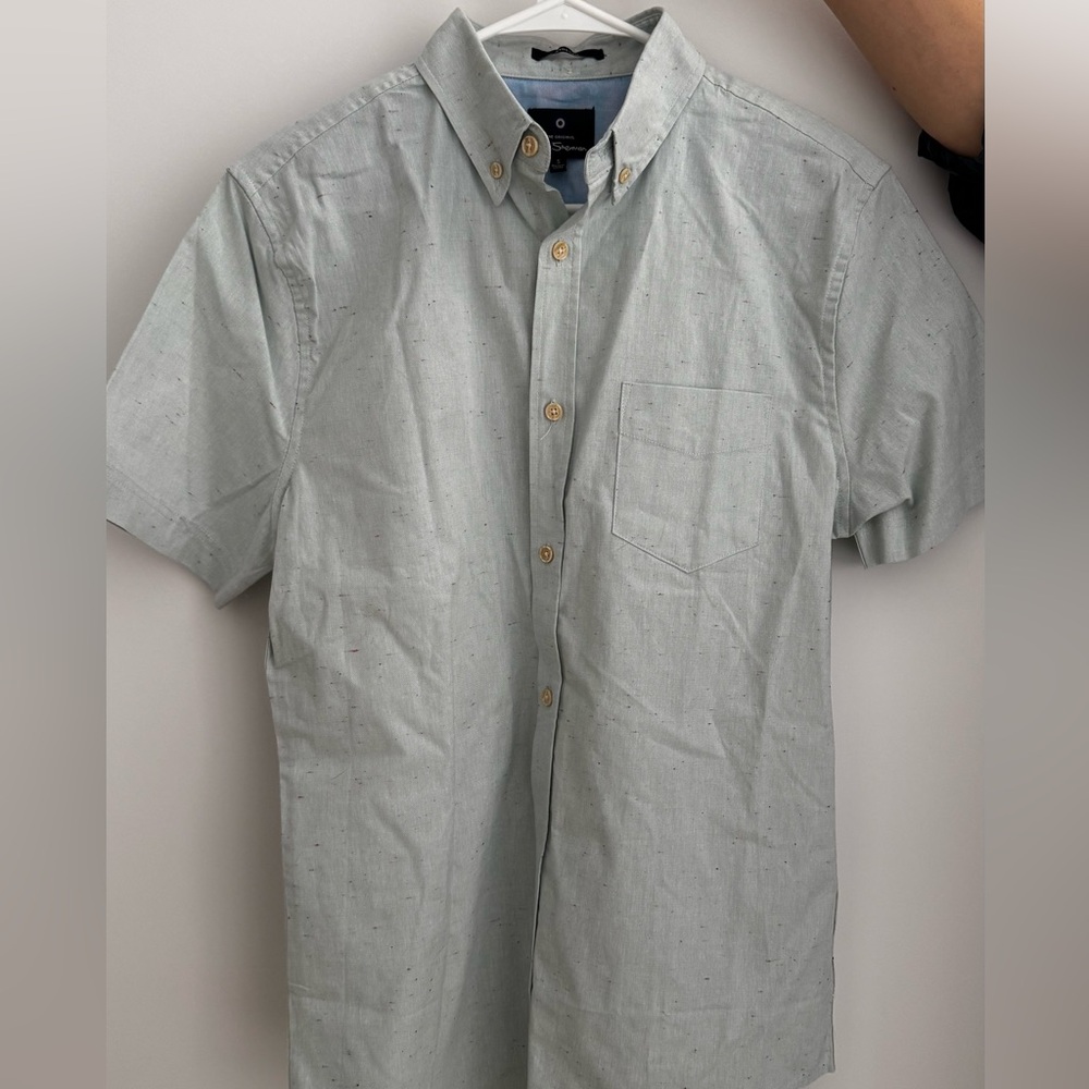 Ben Sherman Grey Speckled Neps Short Sleeve Button Down Shirt - Small